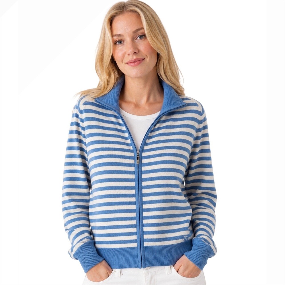Vintage Oleg Cassini Striped Zip‎ Sweater Blue White Cotton Feel L